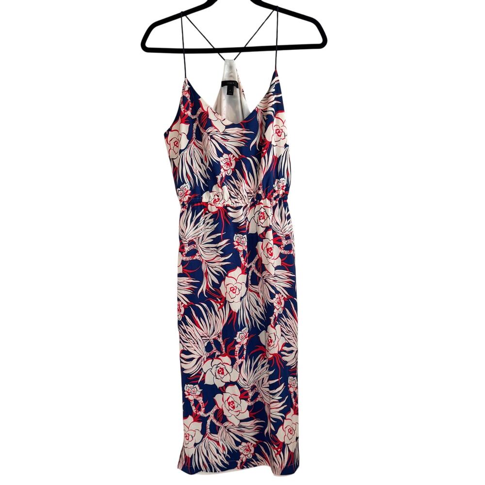 J. Crew Carrie Halter Slip Dress Blue White Floral Silk Hawaiian Sleeveless Sz 4